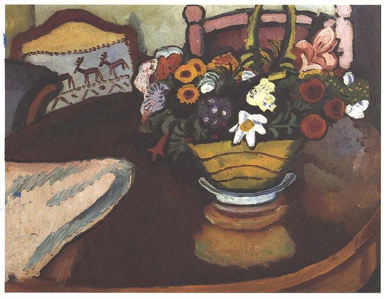 August Macke Stil live with pillow with deer-decor and a bouquet